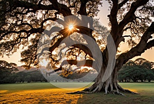 Sunset illuminating an ancient tree under which old scripts and artifacts are scattered. AI generated. photo