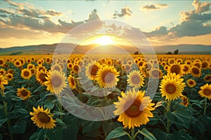 Sunset illuminating vast fields of sunflowers facing the setting sun. AI generated.