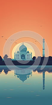 Sunset Illustration Of Taj Mahal: Mid-century Style Desktop Wallpaper