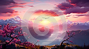 Sunset Inspirational Landscape Bird Motivational Surreal Nature Uplifting Scenic Cherry Blossom Sunrise