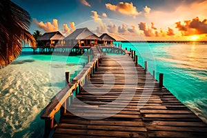 Sunset on island, luxury water villas resort, wooden pier. Beautiful sky clouds and beach coast background generated AI