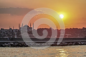 Sunset in istanbul, silhouette of the historical peninsula. Sunset over Hagia Sophia and Historical Peninsula