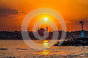 Sunset in istanbul, silhouette of the historical peninsula. Sunset over Hagia Sophia and Historical Peninsula