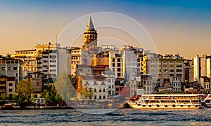 Sunset in Istanbul, Turkey. Night View of the Galata Tower