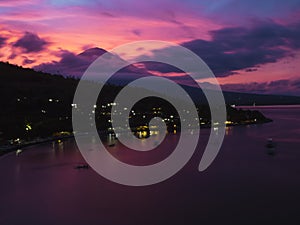 Sunset at Jemeluk bay overlooking Mt. Agung in Bali