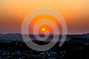 Sunset at Jodhpur city aerial view from top of Mehrangarh or Mehran Fort