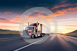 Sunset Journey: Big Rig Truck on Long Road Wallpaper and Design, Generative AI