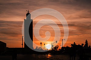 Sunset with Koutoubia Minaret silhouette in Marrakesh, Morocco