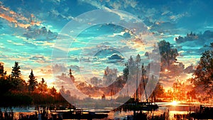 Sunset on the lake. Abstract illustration art