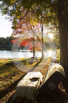 Sunset at the Lake with boats on the land