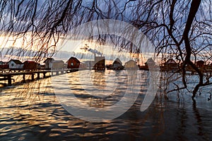 Sunset lake Bokod with pier