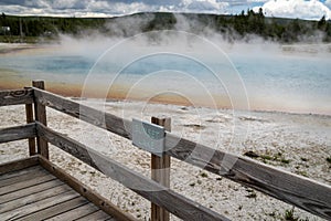 Sunset Lake, a hot spring geyser in Black Sand Basin in Yellowstone National Park. Sign for the geothermal feature