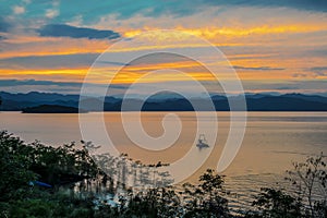 Sunset at lake, Kaeng Krachan Dam, Chaipattana Water Turbine.