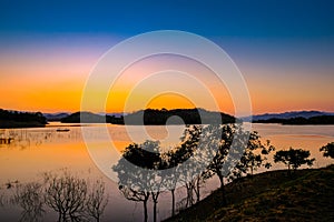 Sunset at lake Kaeng Krachan Dam on Silhouette