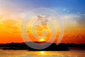 Sunset at lake Kaeng Krachan Dam on Silhouette