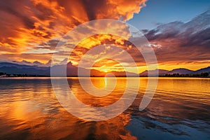 Sunset on the lake with mountains in the background, New Zealand, Bright sunset over Lake Geneva, Switzerland, with golden clouds