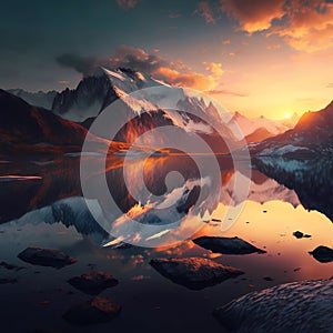 Sunset on a lake in the mountains. Winter period, reflection of light in water