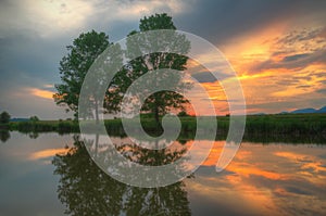 Sunset on the lake, over Godech town, Bulgaria