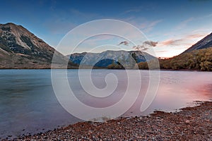 Sunset at Lake Pearson / Moana Rua Wildlife Refuge located in Craigieburn Forest Park in Canterbury region, New Zealand