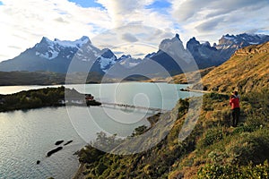 Sunset at Lake Pehoe, Torres Del Paine, Patagonia, Chile photo