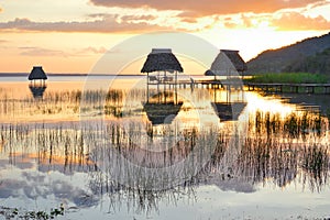 Sunset at the lake Peten Itza in El Ramate, Guatemala