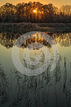 Sunset on lake reflection