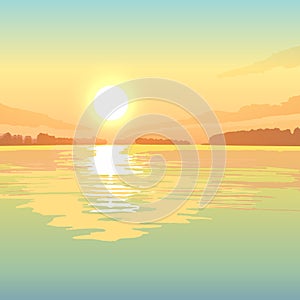 Sunset on the lake, vector landscape background