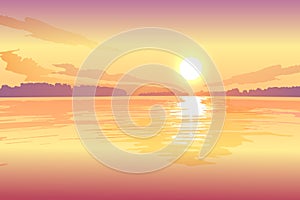 Sunset on the lake, vector landscape background