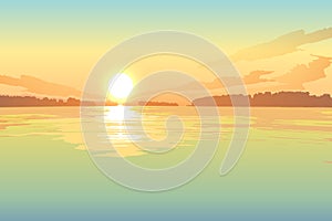 Sunset on the lake, vector landscape background