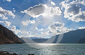 Sunset in lake of Yeso. Maipo Canyon. Santiago of Chile province, Chile photo