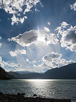 Sunset in lake of Yeso. Maipo Canyon. Santiago of Chile province photo