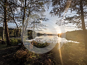 Sunset at the lake in Zielona in Poland in Upper Silesia