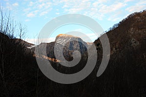 Sunset landscape of the Apennine mountains of the Apuan Alps in bare and cold autumn