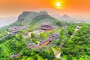 Sunset landscape of Bai Dinh temple complex from above