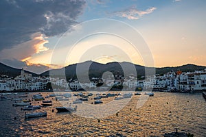 Sunset landscape of Cadaques city, a summer tourist destination along the Costa Brava in Catalonia, Spain