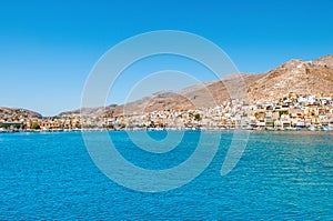 Sunset landscape of the coast and promenade of the island of Kalymnos