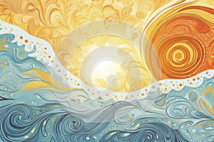 Sunset landscape graphic design, blue water ocean waves with abstract vintage art illustration, orange sun