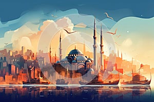 Sunset landscape in Istanbul, Turkey - mosque, ships, birds, watercolor style