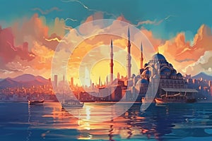 Sunset landscape in Istanbul, Turkey - mosque, ships, birds, watercolor style