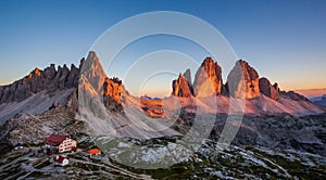 Sunset landscape of Locatelli shelter, Tre cime di Lavaredo, Italy