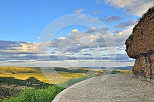 Sunset landscape with mountain view. Ares in Spain.