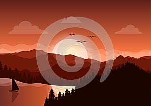 Sunset Landscape of Mountains, Hill, Wilderness, Sands, Lake and Valley in Flat Wild Nature for Poster, Banner or Background