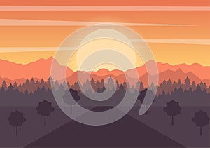 Sunset Landscape of Mountains, Hill, Wilderness, Sands, Lake and Valley in Flat Wild Nature for Poster, Banner or Background