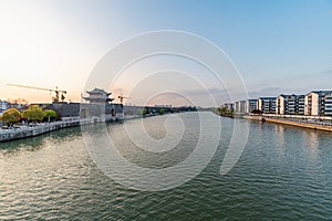 Sunset landscape of Night view of Suzhou ancient city wall