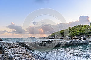 Sunset landscape with Porticciolo Romano on the coast of Tyrrhenian sea between Scauri and Formia, Italy