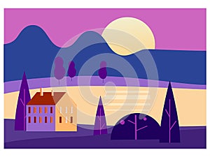 Sunset landscape, sea, ocean, gulf. Home on the coast, mountaine, evening. Vector illustration minimal flat style