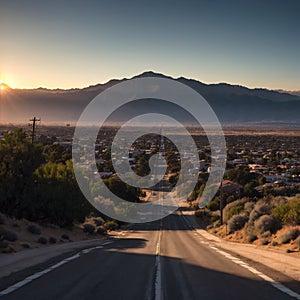 Sunset landscape view of silhouette mountains in Los Angeles California made with Generative AI