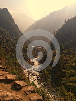 Sunset landscape on the way to Everest Base Camp, trekking in Himalayas, Nepal, Solukhumbu region, Sagarmatha National Park