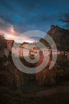 Sunset landscapes of a French traditional mountain town, the Saint-Guilhem-le-DÃÂ©sert in France photo