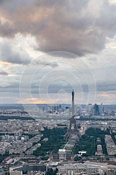 Sunset landscapes of the Paris skyline  view of the Eiffel Tower from the Tour Montparnasse in a cloudy day